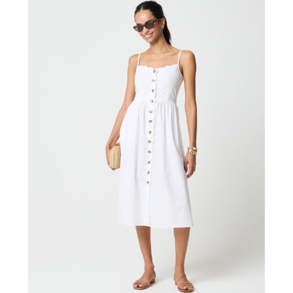 J.Crew White Scalloped Trim Button Front Midi Dress Size 0 Smocked Back Pockets